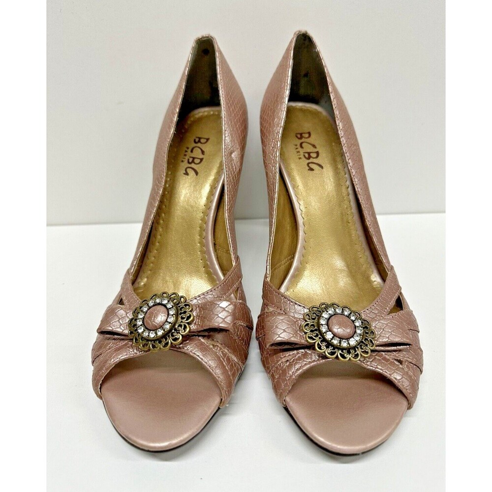 BCBG Paris women size 8 B EU 38 rose leather open toe with bow high heels shoes